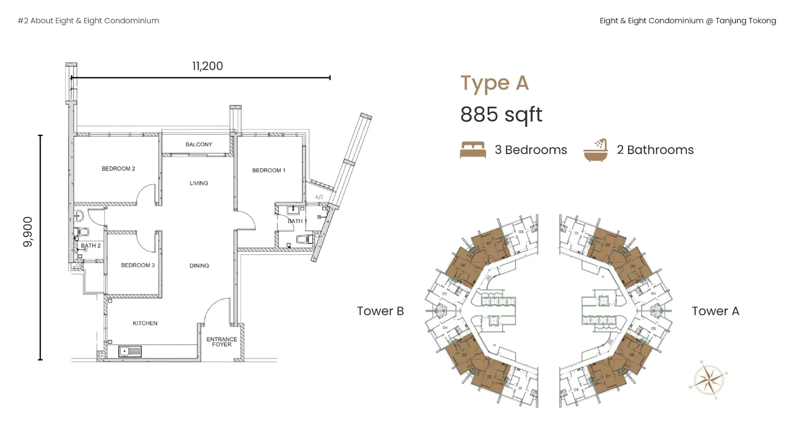 Eight & Eight Type A 885 sq ft floor plan