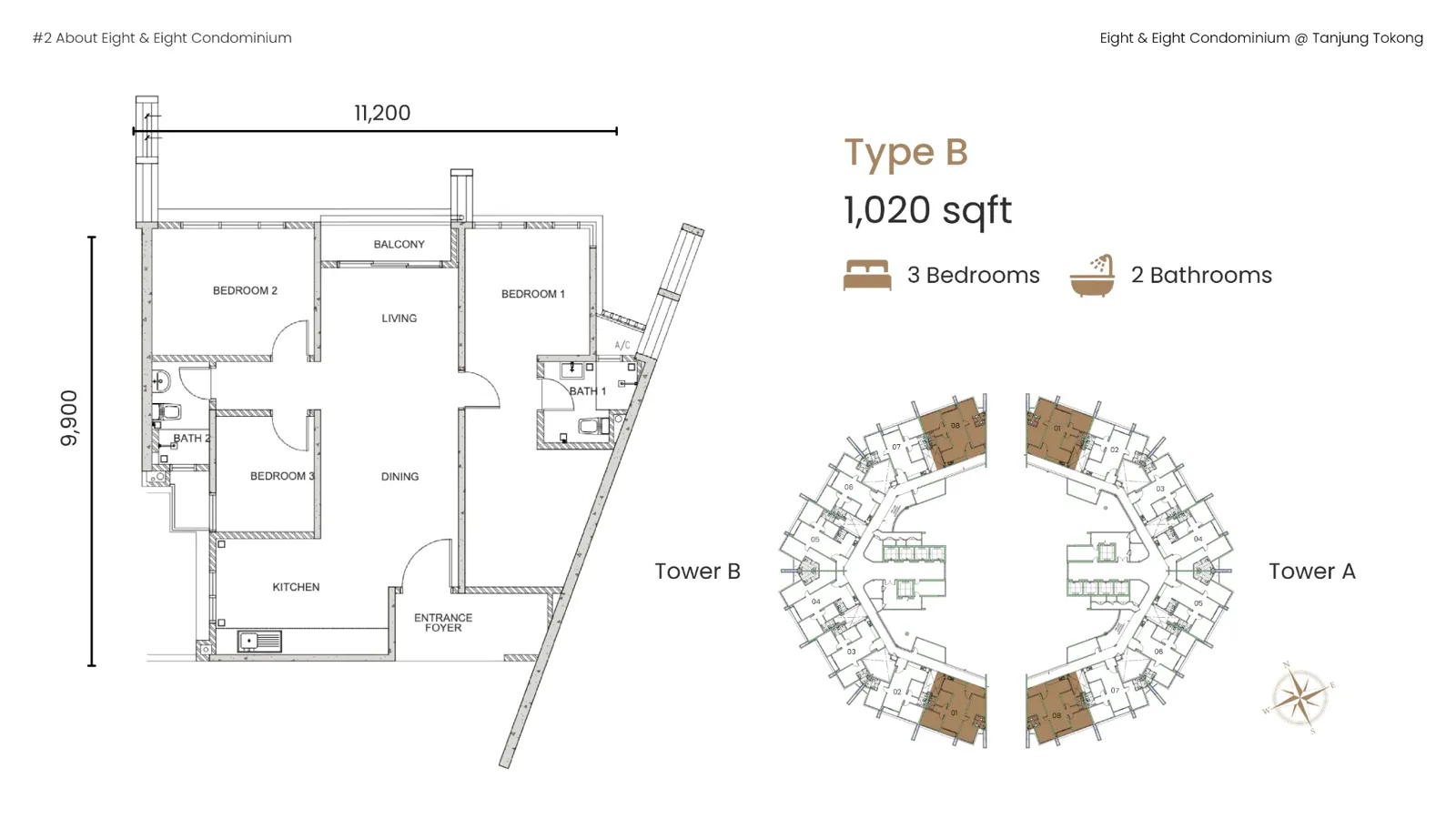 Eight & Eight Type B 1020 sq ft floor plan