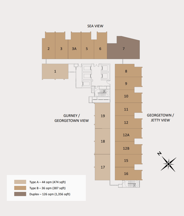 G’Vinton tower layout showing sea, Gurney, George Town and jetty view orientations