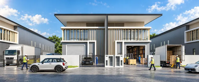 Nexus Industrial Hub building facade — Nexus Industrial Hub semi-detached factory facade artist impression