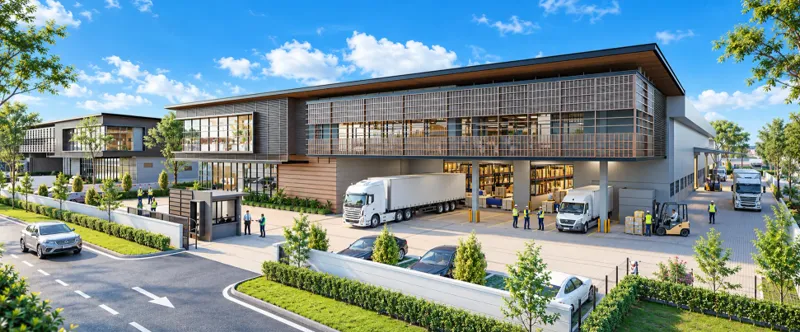 Northern Tech Valley @ BKE building facade — Northern TechValley industrial park aerial artist impression from the supplied brochure