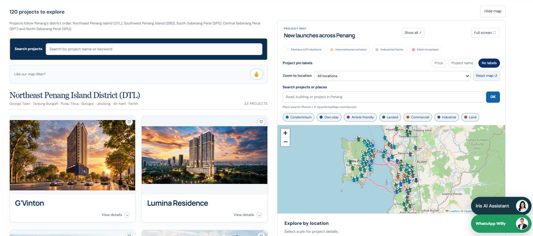 Example of PropIn’s project search, property cards and Penang map filters