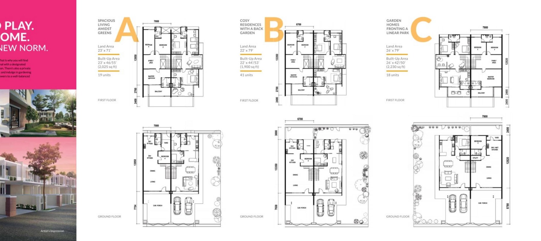 Garden Superlink Type A, Type B and Type C floor plans