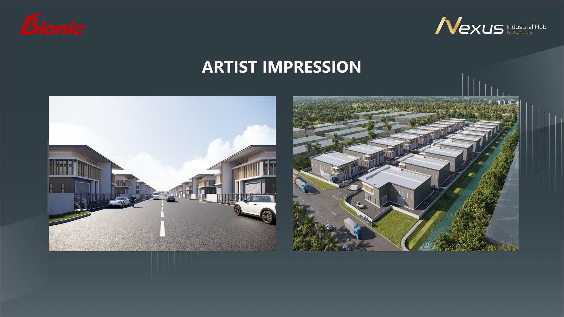 Nexus Industrial Hub building facade — Nexus Industrial Hub semi-detached factory facade artist impression