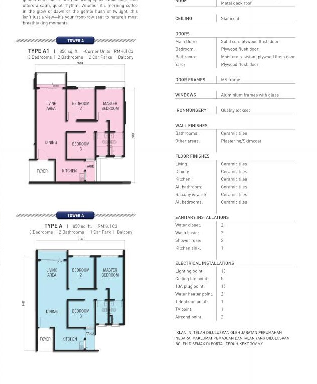 Taman Harmoni Vista 850 sq ft Type A and Type A1 floor plans