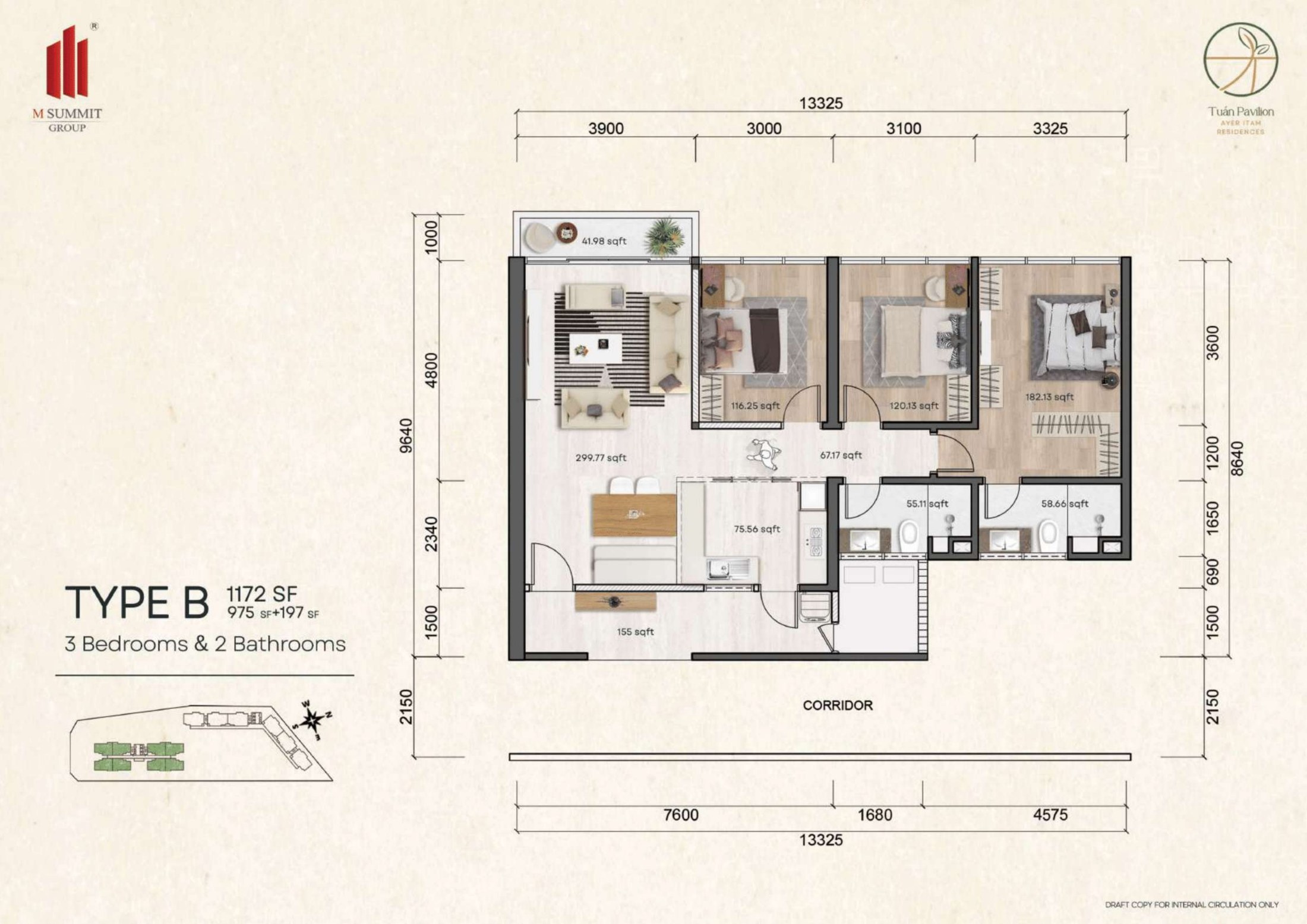 Tuan Pavilion Type B mirrored 1,172 sq ft floor plan