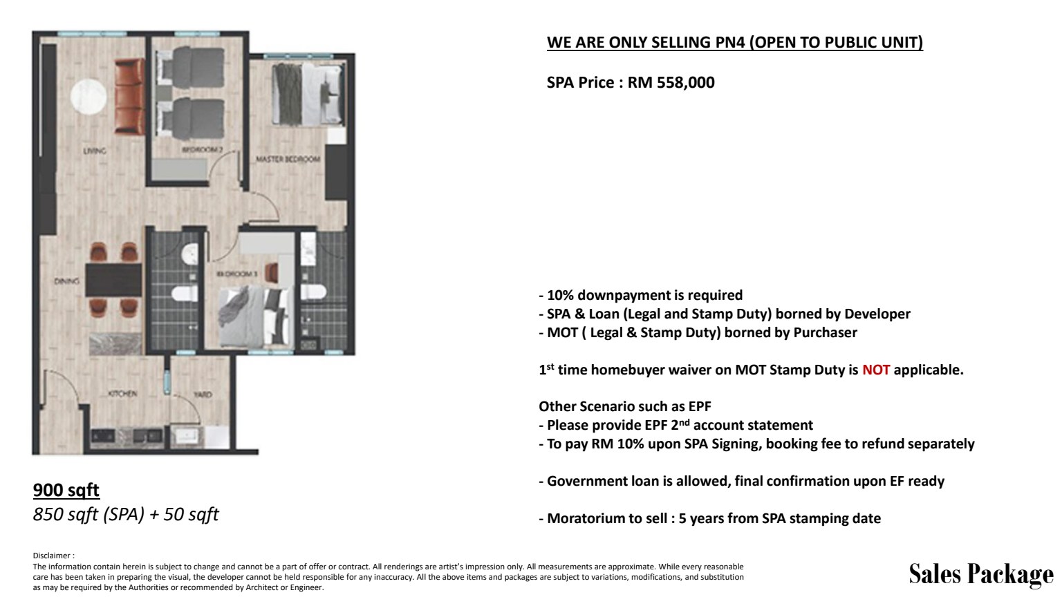 TwinStar coloured 900 sq ft three-bedroom floor plan