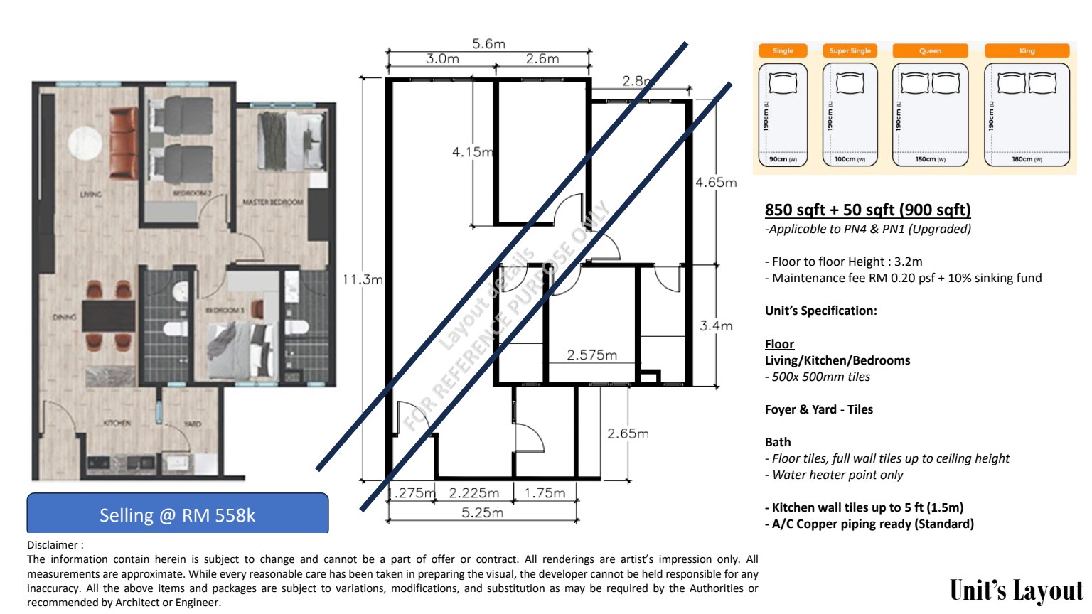 TwinStar 900 sq ft three-bedroom floor plan with dimensions