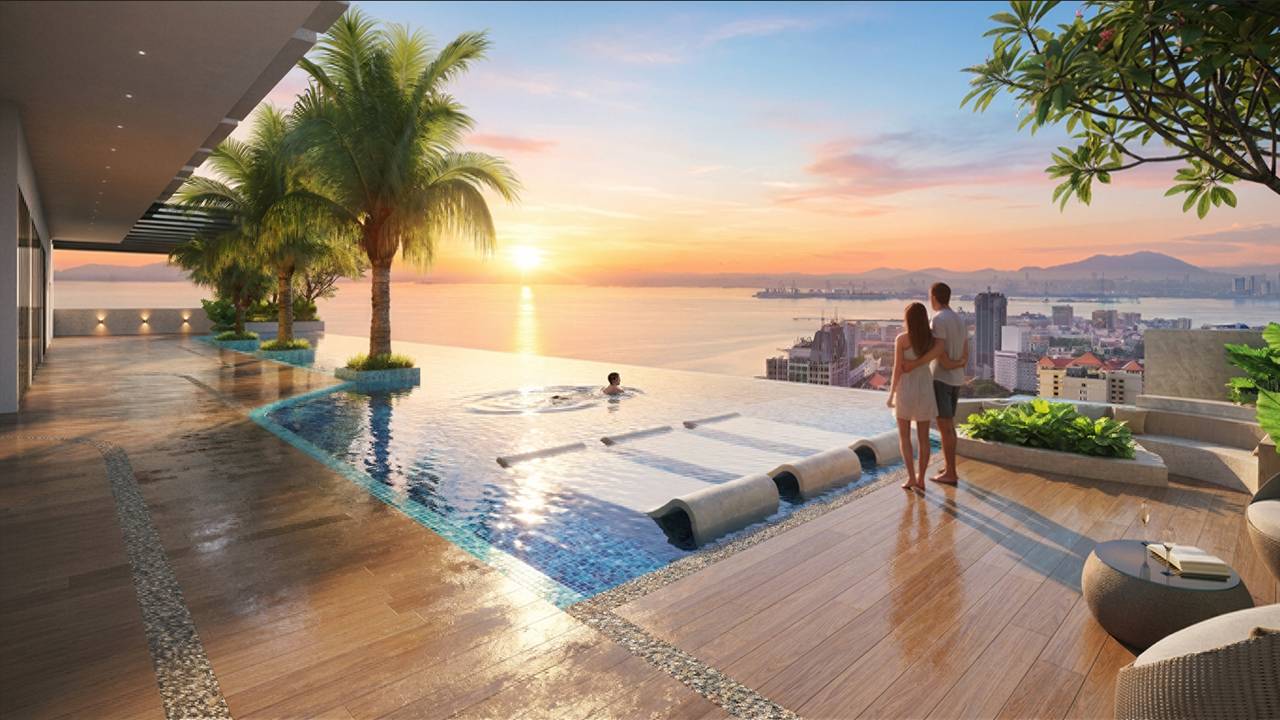 G'Vinton rooftop infinity pool at sunset, Level 39, George Town Penang