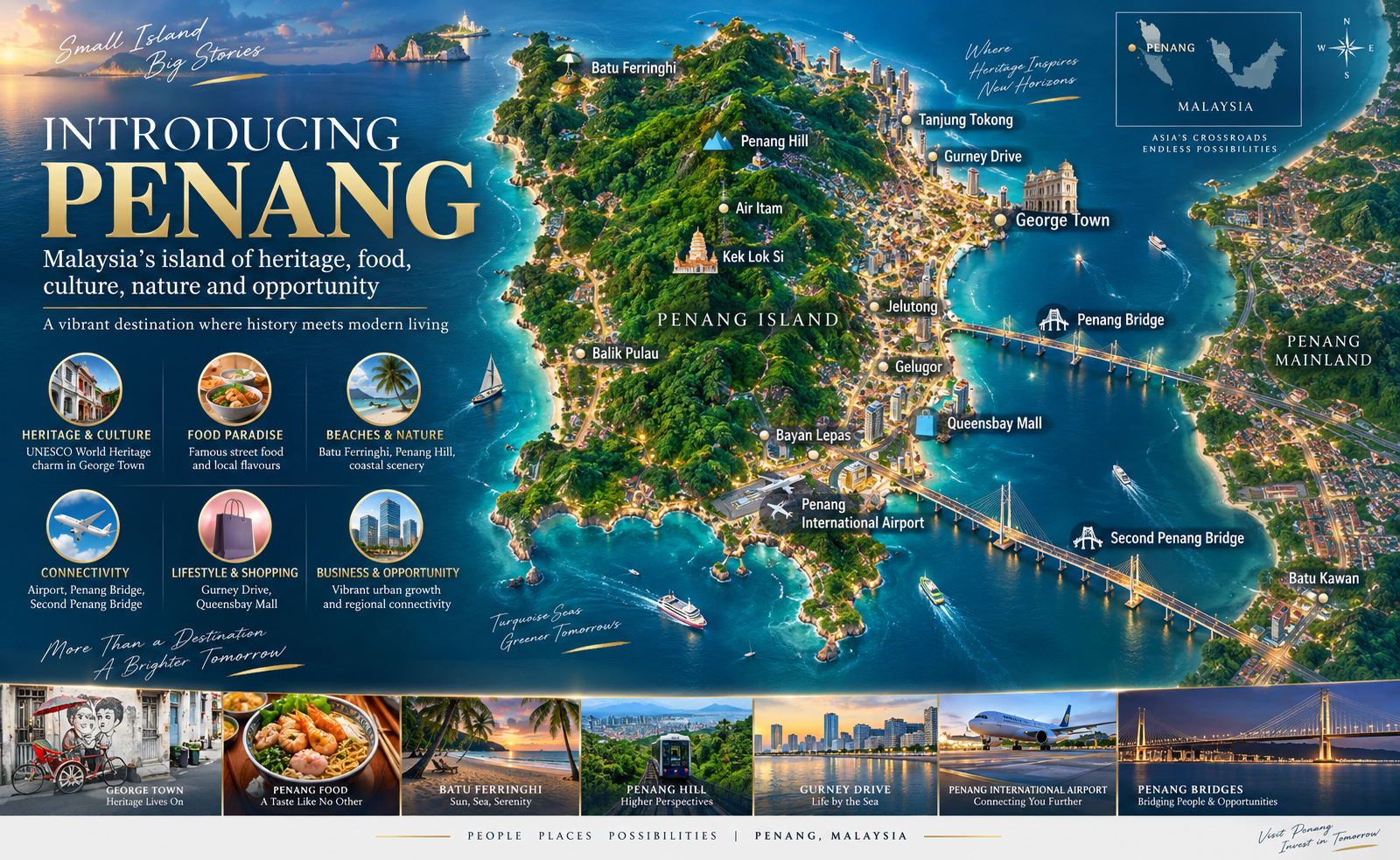 Illustrated overview of Penang Island and mainland, highlighting George Town, Batu Ferringhi, Penang Hill, Air Itam, Balik Pulau, Bayan Lepas, Penang International Airport, Gurney Drive, Queensbay Mall, Batu Kawan and both Penang bridges